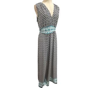 Medium Max Studio Sleeveless Print Maxi Dress V-Neck Navy Blue Teal V-Neck